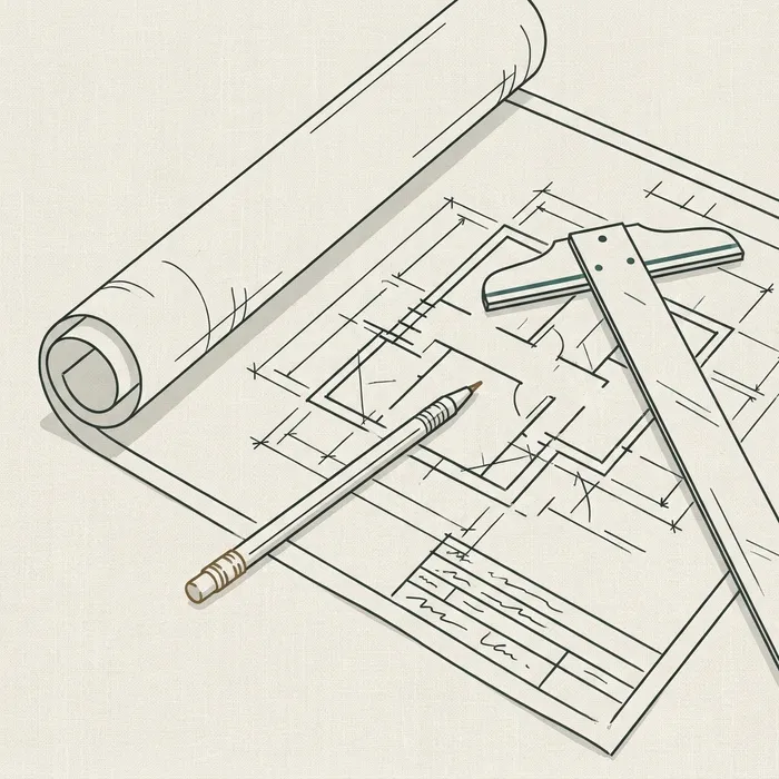 Line illustration of a rolled landscape plan sheet with a pencil and a T-square