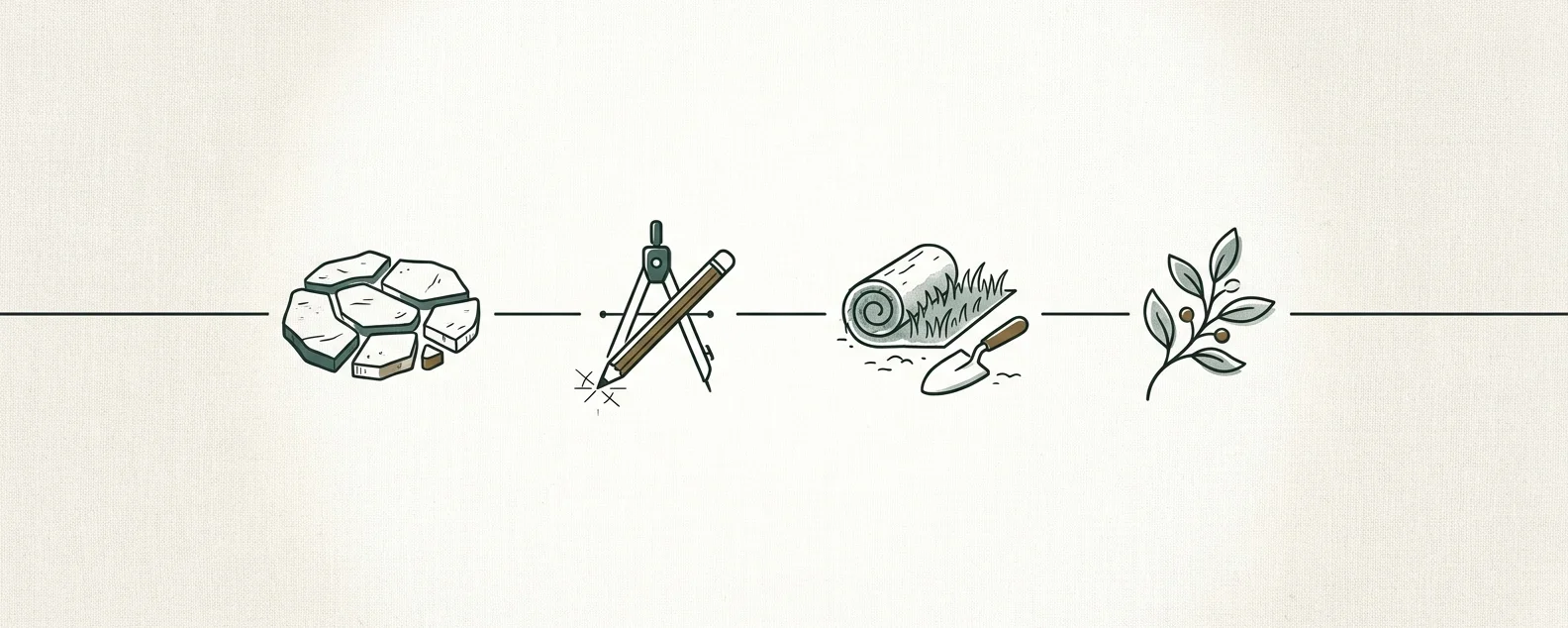 Line illustration of a ruled horizontal line carrying four small motifs: a cut-stone paver swatch, a compass-and-pencil site-plan mark, a turf roll and trowel, and a leaf-and-branch sprig